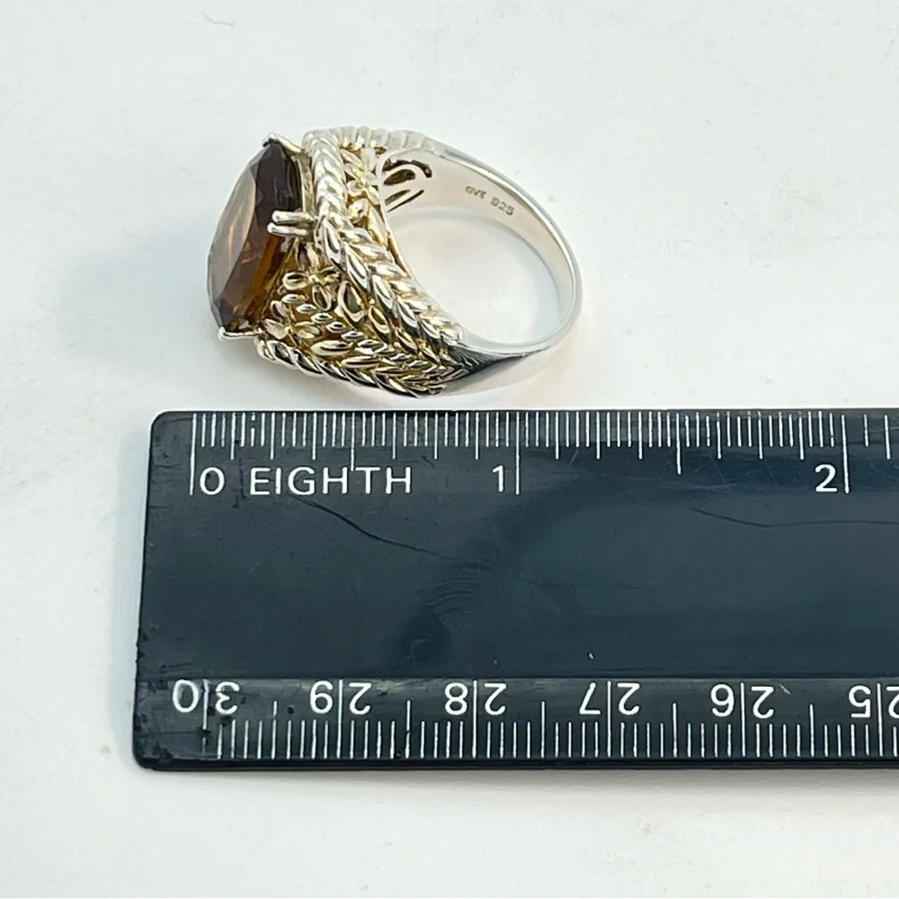 Silver Citrine & Gold Tone Ring | Large Faceted Gem Stone | 925 Sterling